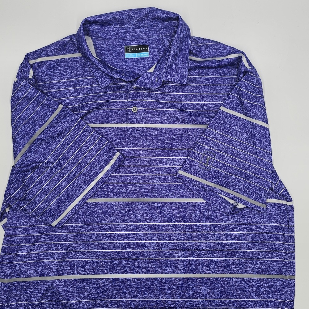 PGA Tour Men's XXL Golf Polo Shirt Purple White Striped Moisture Wicking Perform